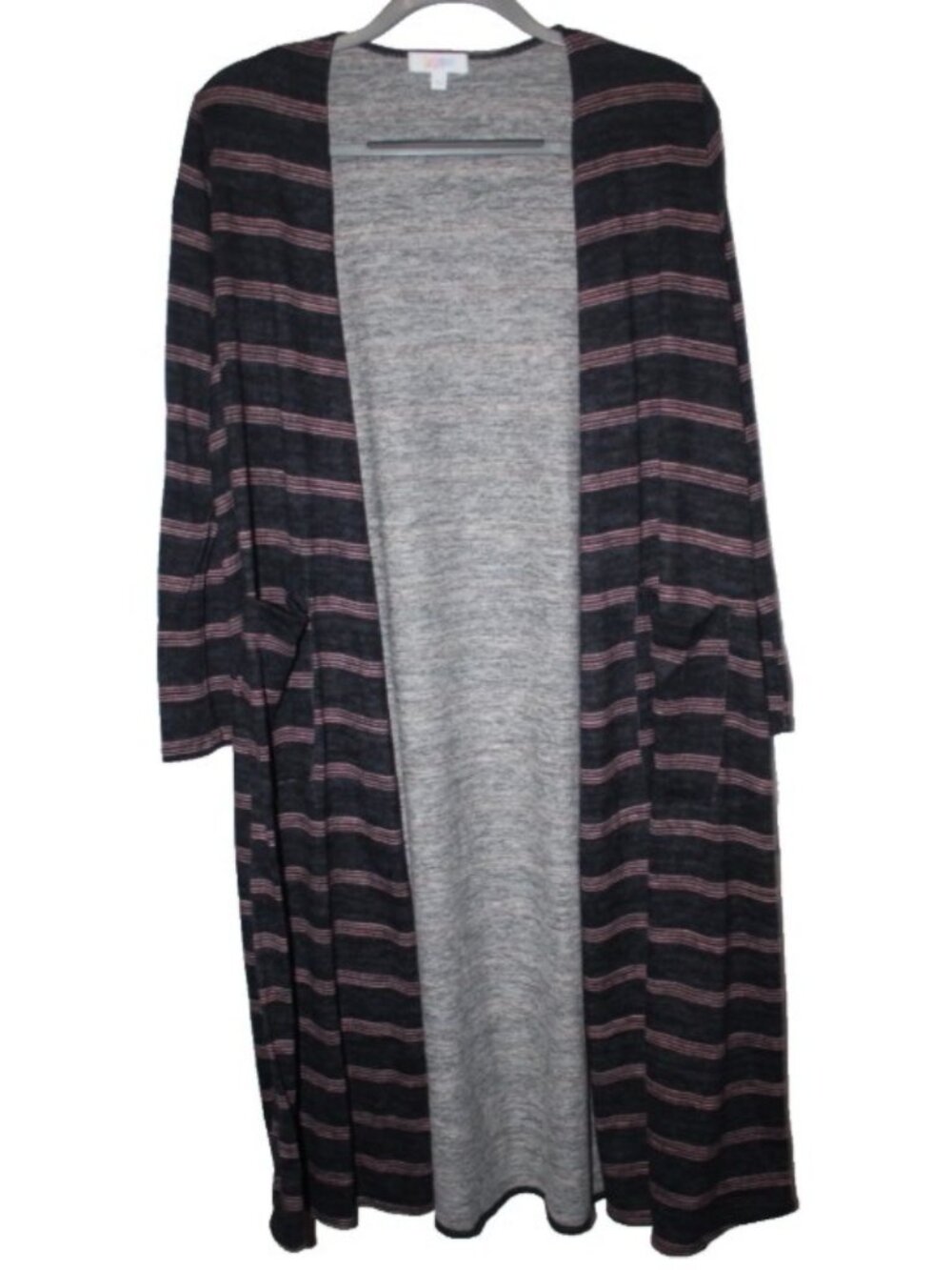 LuLaRoe SARAH Women's Long Cardigan Sweater NWT Size S Small Gray & Red Stripes